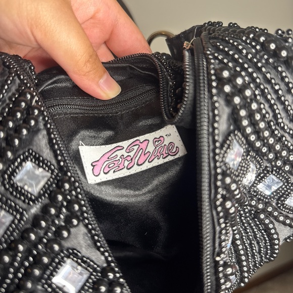 Y2K FAR NINE Black Beaded Mirror Shoulder Bag Vintage Boho Hobo Purse - Picture 8 of 8